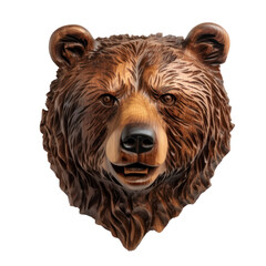 Mahogany wooden bear head trophy,  isolated on white, wall hanging, transparent background, PNG, generative ai