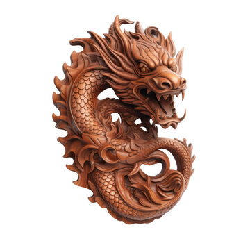 Mahogany wooden dragon head trophy,  isolated on white, wall hanging, transparent background, PNG, generative ai