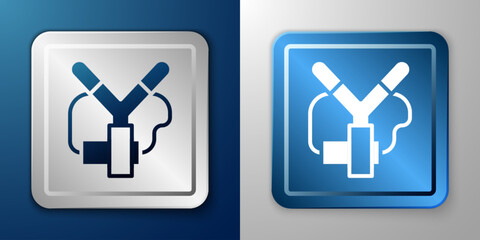 Fototapeta premium White Slingshot icon isolated on blue and grey background. Silver and blue square button. Vector