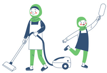 Moslem family are cleaning the house together