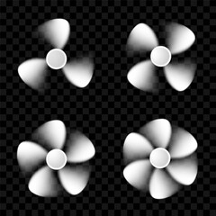 Rotating white propellers with different number of blades. Vector spinning air fan set. Computer cooling fan, air care, ventilation and conditioning.