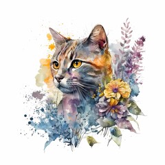 Watercolor Cute Cat with Florals - AI Generative 