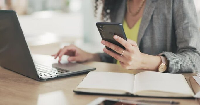 Woman, hands and phone on laptop in business planning, schedule or multi tasking for corporate strategy on office desk. Hand of female project planner working on smartphone and computer for tasks