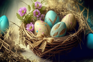 Beautiful yellow and cyan Easter eggs and flowers in the nest of straw, Easter, Generative AI