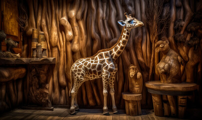 Giraffe in wooden home illustration. Cute animal with furniture. Generative AI.