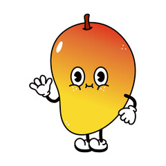 Cute funny Mango waving hand character. Vector hand drawn traditional cartoon vintage, retro, kawaii character illustration icon. Isolated on white background. Mango character concept