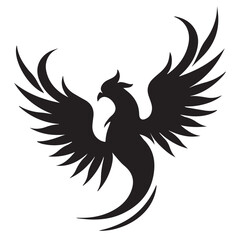 Phoenix  minimal black and white vector icon. Isolated artistic logo. Tattoo ideas of powerful mystical creature animal. Creative modern concept of bird. Simple shapes for company logo. Rebirth brand.