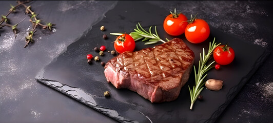 Grilled beef steak with cherry tomatoes on black stone plate. Generative AI