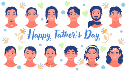 父の日のベクターイラストセット。父親たちの顔のアイコン。フラットなベクターイラスト。 Vector illustration set for Father’s Day. Icon of mothers' faces. Flat designed vector illustration.