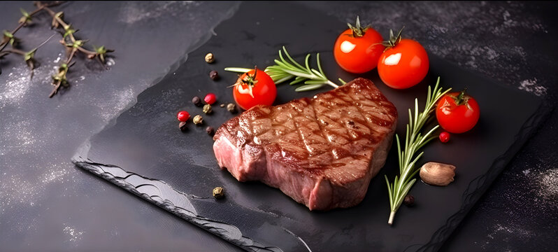 Grilled beef steak with cherry tomatoes on black stone plate. Generative AI