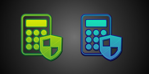 Green and blue Security system control panel with display icon isolated on black background. Keypad of security system for entering inside. Vector © Iryna