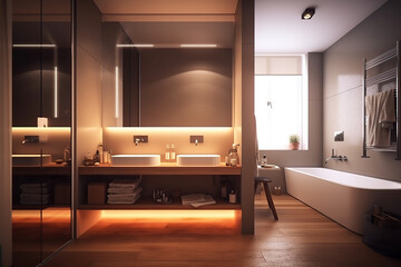 Bath Room Luxury Interior Design, bathtub, sink, artificial light,  with beautiful decoration, the concept for home and hotel, generative AI tools.