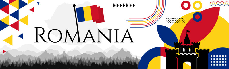 Romania National day celebration abstract banner design with flag and map. Flag color theme geometric pattern retro modern Illustration design. Blue, yellow and red color template. - obrazy, fototapety, plakaty