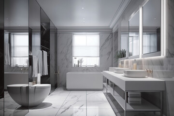 Bath Room Luxury Interior Design, bathtub, sink, artificial light,  with beautiful decoration, the concept for home and hotel, generative AI tools.