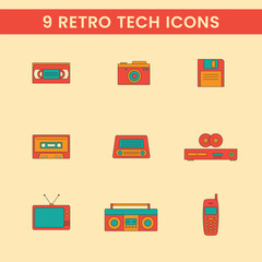 set of 9 retro tech icons flat icons for social media web and apps vintage nostalgia memories 80s 90s icons