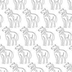 Seamless pattern with horses illustration in line art style on white background