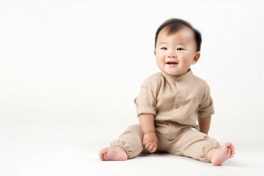 Smiling asian toddler sits on a beige background with copy space. Advertising template for children's products. Photorealistic illustration generative AI.