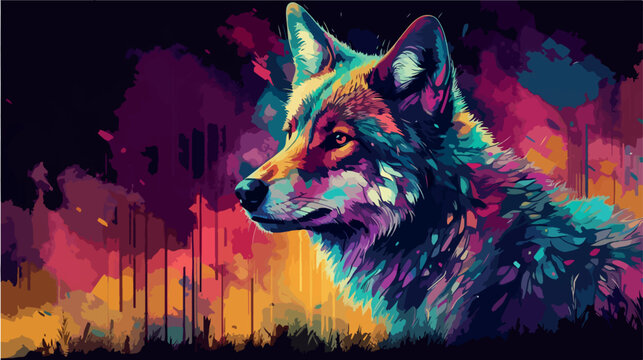 Wolf portrait. Colorful wildlife painting. Digital vector art of predator wildlife. Beautiful and majestic pop art. Creative wolf illustration. Hipster trendy modern polygon concept. Decoration poster