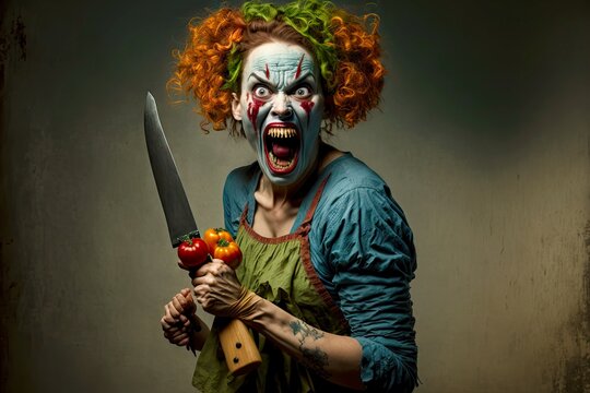 Terrifying girl clown angry chef in wig and with knife in her hands, created with generative ai