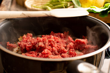 Cooking Raw Ground Beef Meat in a Pan