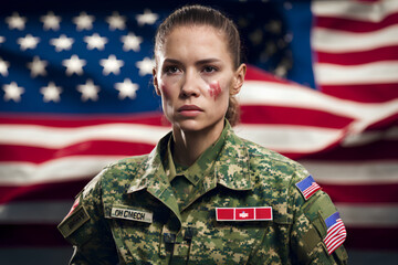 Injured female solider in military uniform. USA flag in background. Generative AI.