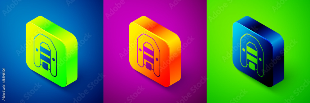 Sticker Isometric Inflatable boat with outboard motor icon isolated on blue, purple and green background. Square button. Vector