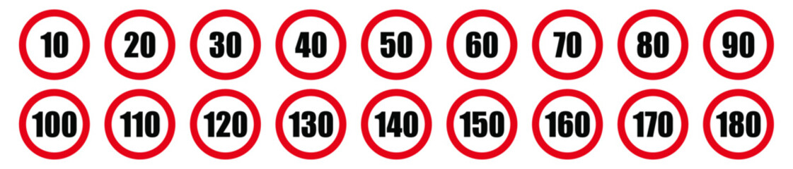 Speed limit sign set with black numbers and red circle. - obrazy, fototapety, plakaty