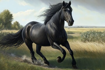 a black horse from the front running in a field, generative ai