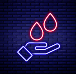Glowing neon line Washing hands with soap icon isolated on brick wall background. Washing hands with soap to prevent virus and bacteria. Colorful outline concept. Vector