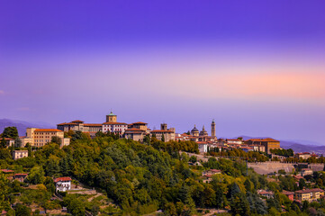 Fototapeta na wymiar Panorama of the city of Bergamo Alta, Italy, at sunset. 