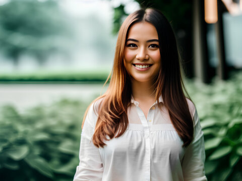 Asian woman wearing white shirt. Green background. Generative AI.