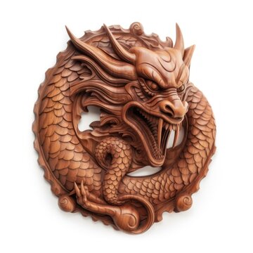 Mahogany wooden dragon head trophy, isolated on white, wall hanging, generative ai