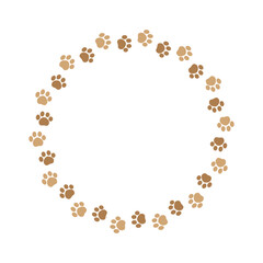 Round frame made of animal paw prints with empty space for your text and images. Cute dog paw print border. Vector illustration