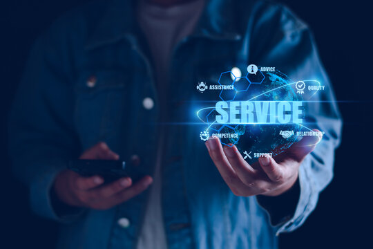 Business service online digital technology. Businessman touching digital globe hologram. Quality business relationship. customer service advice and support. Technology robot assistance online services