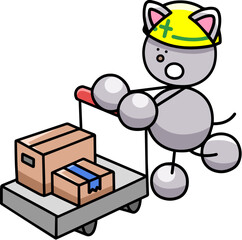 台車で荷物を運ぶにゃんまるのイラスト　猫