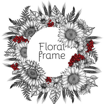 Vector floral frame. Linear graphic sunflower, chicory, chamomile, fern, ears of wheat, viburnum
