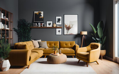 Grey and yellow mid century modern Interior Design Style apartment living room. Sofa, armchair, poster and frames. Generative AI