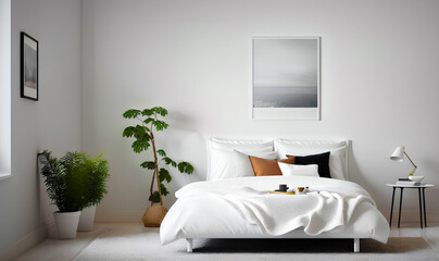 White double bed in bright and simple bedroom design. Plant, poster with mockup and cushions. Generative AI