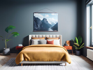 Illustration of modern bedroom with beige bed, yellow bedding, cushions, plant and poster with painting on the wall created with AI technology.