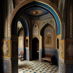 Obraz premium Arab Palace, Harem, Grand Hamam, Hotel, Luxurious Oriental Interiors, Abstract Generative AI Illustration