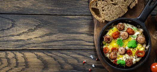 Fried eggs with spicy sausages and bread above