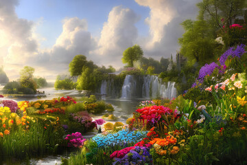 Paradise garden full of flowers, beautiful idyllic  background with many flowers in eden, 3d illustration. Generative Ai. - obrazy, fototapety, plakaty