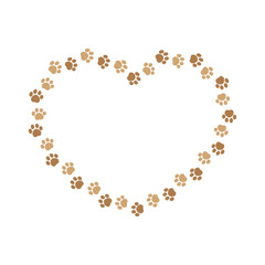 Heart shaped frame made of animal paw prints with empty space for your text and images. Cute Valentines, animal lover dog paw print border.