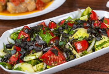 vegetable salad, fresh vegetables, zucchini and tomatoes