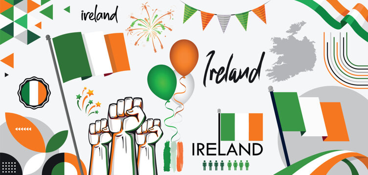 Ireland national day design collection set. Irish flag theme graphic art background. Abstract celebration decoration icons, green white orange color. Ireland map ribbon badge fists balloons vector - Powered by Adobe