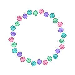 Round colorful pastel animal paw print frame with empty space for your text and images. Cute dog paw prints border. Vector illustration