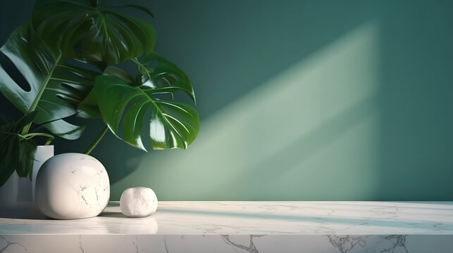 Minimal, modern white marble stone counter table, tropical monstera plant tree in sunlight on green wall background for luxury fresh organic cosmetic, Created with generative AI tools