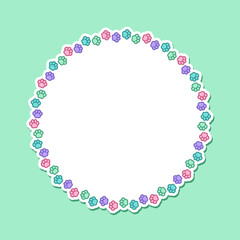 Round colorful pastel animal paw print frame with empty space for your text and images. Cute dog paw prints border. Vector illustration