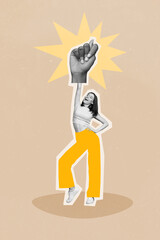 Creative picture painting collage of funky rude young lady wear fig sign glove bullying concept