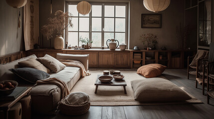 Modern Japandi Interior Design Decor in an Old Farmhouse Setting, Calming Neutral and Earthy Tones - Generative AI